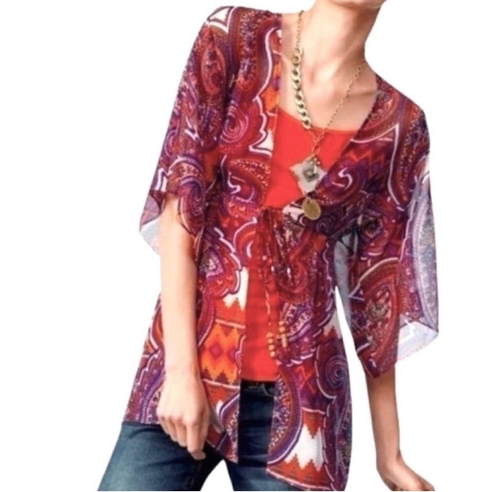 ⭐️ Cabi Kimono Jacket M Purple Orange Paisley Swim Cover Up Tie Front #84 B1